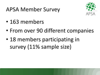 APSA Member Survey

• 163 members
• From over 90 different companies
• 18 members participating in
  survey (11% sample si...