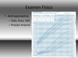 Examen Físico
• Antropometría
– Talla, Peso, IMC
– Presión Arterial
 