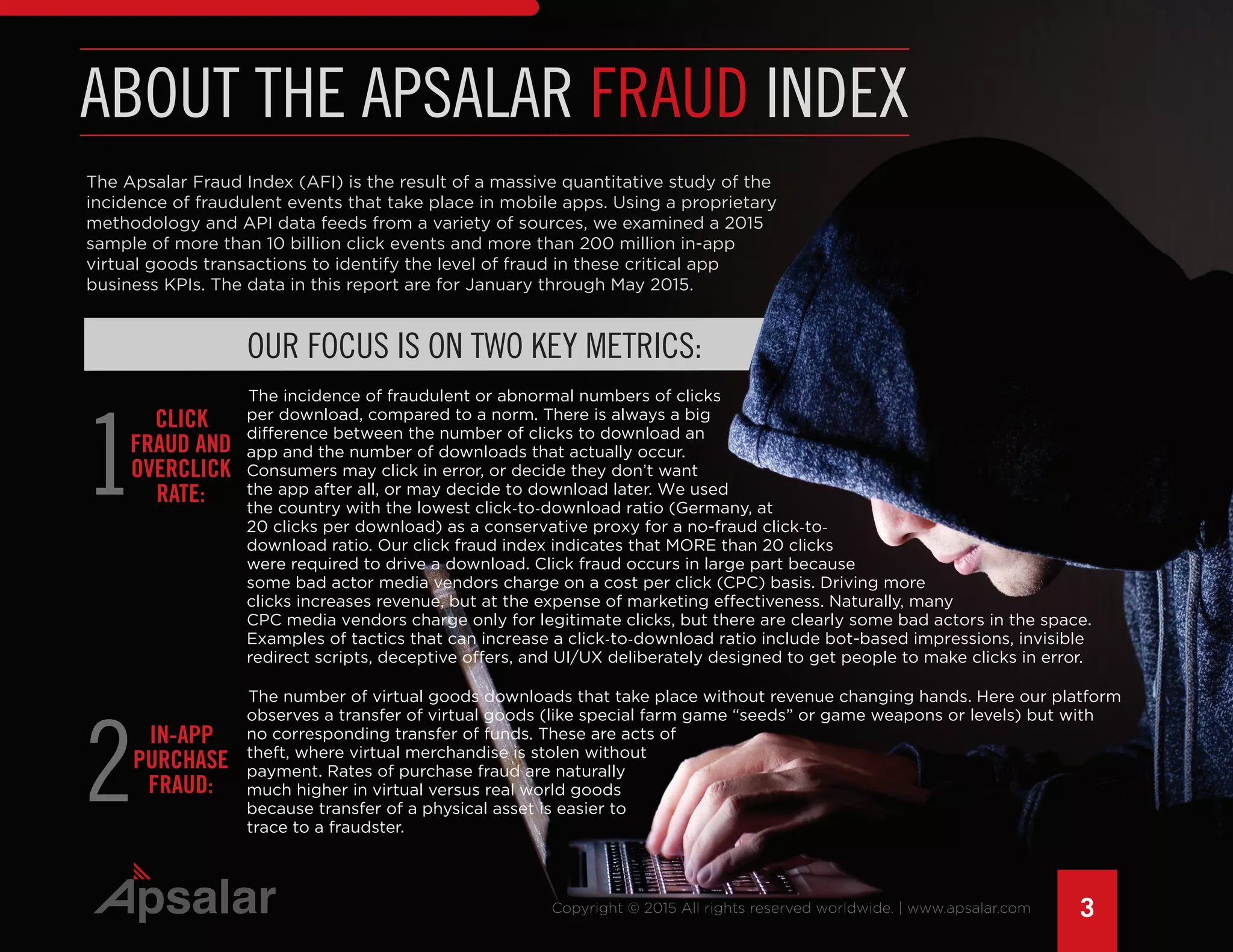 3
1
2
ABOUT THE APSALAR FRAUD INDEX
The Apsalar Fraud Index (AFI) is the result of a massive quantitative study of the
incidence of fraudulent events that take place in mobile apps. Using a proprietary
methodology and API data feeds from a variety of sources, we examined a 2015
sample of more than 10 billion click events and more than 200 million in-app
virtual goods transactions to identify the level of fraud in these critical app
business KPIs. The data in this report are for January through May 2015.
CLICK
FRAUD AND
OVERCLICK
RATE:
IN-APP
PURCHASE
FRAUD:
OUR FOCUS IS ON TWO KEY METRICS:
The incidence of fraudulent or abnormal numbers of clicks
per download, compared to a norm. There is always a big
difference between the number of clicks to download an
app and the number of downloads that actually occur.
Consumers may click in error, or decide they don’t want
the app after all, or may decide to download later. We used
the country with the lowest click-to-download ratio (Germany, at
20 clicks per download) as a conservative proxy for a no-fraud click-to-
download ratio. Our click fraud index indicates that MORE than 20 clicks
were required to drive a download. Click fraud occurs in large part because
some bad actor media vendors charge on a cost per click (CPC) basis. Driving more
clicks increases revenue, but at the expense of marketing effectiveness. Naturally, many
CPC media vendors charge only for legitimate clicks, but there are clearly some bad actors in the space.
Examples of tactics that can increase a click-to-download ratio include bot-based impressions, invisible
redirect scripts, deceptive offers, and UI/UX deliberately designed to get people to make clicks in error.
The number of virtual goods downloads that take place without revenue changing hands. Here our platform
observes a transfer of virtual goods (like special farm game “seeds” or game weapons or levels) but with
no corresponding transfer of funds. These are acts of
theft, where virtual merchandise is stolen without
payment. Rates of purchase fraud are naturally
much higher in virtual versus real world goods
because transfer of a physical asset is easier to
trace to a fraudster.
 