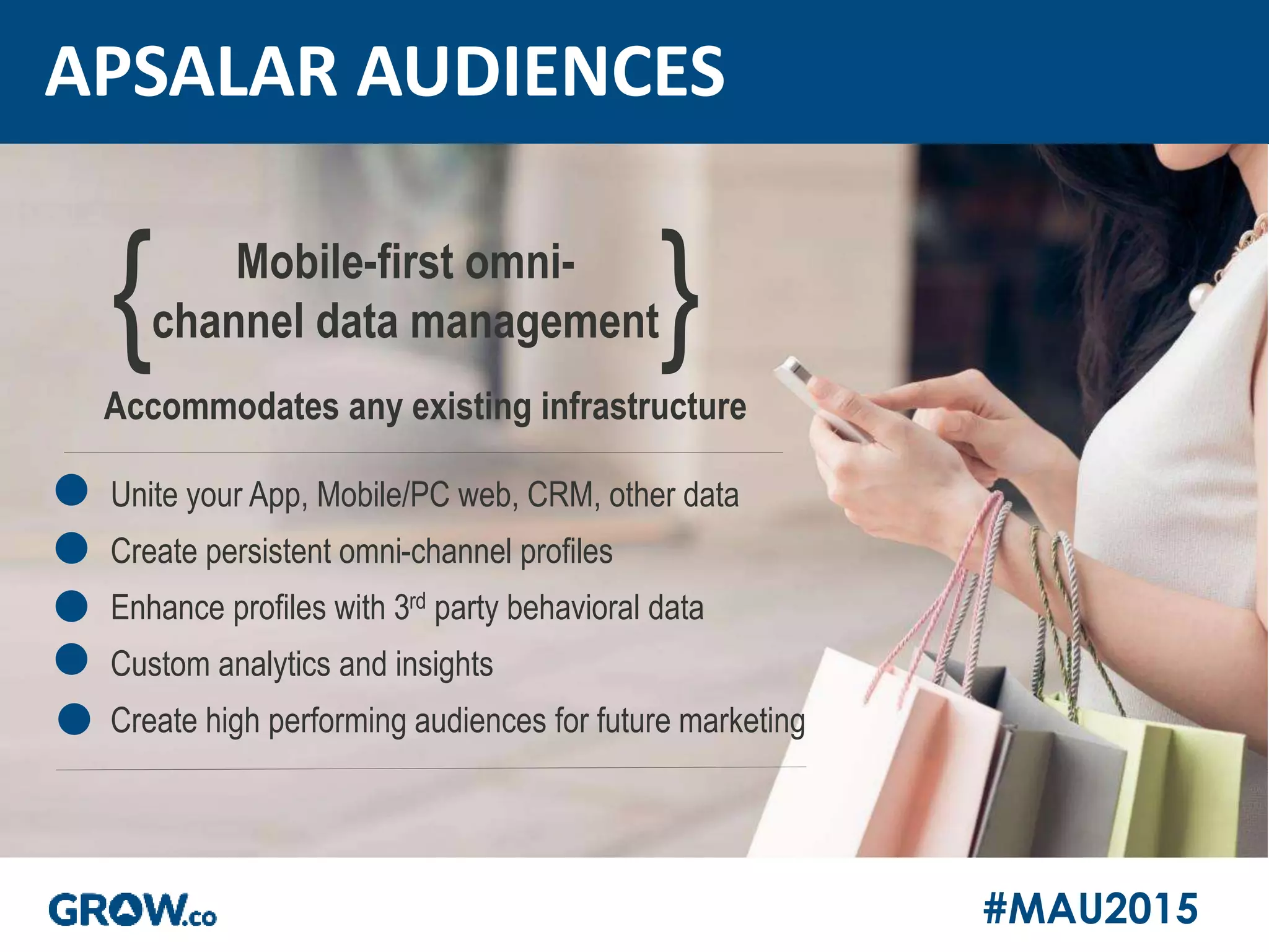 #MAU2015
APSALAR AUDIENCES
Accommodates any existing infrastructure
{ Mobile-first omni-
channel data management}
Unite your App, Mobile/PC web, CRM, other data
Create persistent omni-channel profiles
Enhance profiles with 3rd party behavioral data
Custom analytics and insights
Create high performing audiences for future marketing
 