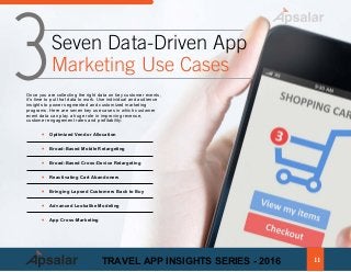 Once you are collecting the right data on key customer events,
it’s time to put that data to work. Use individual and audience
insights to power segmented and customized marketing
programs. Here are seven key use cases in which customer
event data can play a huge role in improving revenue,
customer engagement rates and profitability: ƒ
ƒ	 Optimized Vendor Allocationƒ
ƒ	 Broad-Based Mobile Retargetingƒ
ƒ	 Broad-Based Cross-Device Retargetingƒ
ƒ	 Reactivating Cart Abandonersƒ
ƒ	 Bringing Lapsed Customers Back to Buyƒ
ƒ	 Advanced Lookalike Modelingƒ
ƒ	 App Cross-Marketing
Seven Data-Driven App
Marketing Use Cases3
11TRAVEL APP INSIGHTS SERIES - 2016
 