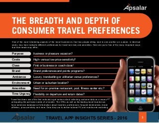 THE BREADTH AND DEPTH OF
CONSUMER TRAVEL PREFERENCES
One of the most interesting aspects of the travel business is that two people sitting next to one another on a plane, in identical
seats, may have radically different preferences for travel services and amenities. Here are just a few of the many important ways
that their needs may differ:
Business or pleasure occasion?
High- versus low-price-sensitivity?
First or business or coach class?
Brand preferences and points programs?
Luxury, trendsetting or utilitarian venue preferences?
Urban or suburban location?
Need for on-premise restaurant, pool, fitness center etc.?
Flexibility on departure and return dates?
Purpose
Costs
Class
Brand
Ambience
Amenities
FlexibilityTravel has been one of the first verticals to get serious about collecting customer data as a means of
anticipating the particular needs of a traveler. The OTAs as well as the leading travel brands now
have extensive databases of information about travelers, preferences, frequent destinations, brand
affinities, price sensitivity and more. Data they use to deliver tailored PC and mobile web marketing.
Environment
Time Urgency
3TRAVEL APP INSIGHTS SERIES - 2016
 