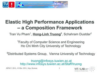 Elastic High Performance Applications
     – a Composition Framework
     Tran Vu Pham1, Hong-Linh Truong2, Schahram Dustdar2
             1
                 Faculty of Computer Science and Engineering
                  Ho Chi Minh City University of Technology
 2
     Distributed Systems Group, Vienna University of Technology

                          truong@infosys.tuwien.ac.at
                  http://www.infosys.tuwien.ac.at/Staff/truong
APSCC 2011, 13 Dec 2011, Jeju, Korean        1
 