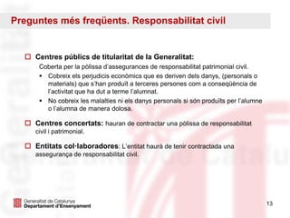 13
 Centres públics de titularitat de la Generalitat:
Coberta per la pòlissa d’assegurances de responsabilitat patrimonial civil.
 Cobreix els perjudicis econòmics que es deriven dels danys, (personals o
materials) que s’han produït a terceres persones com a conseqüència de
l’activitat que ha dut a terme l’alumnat.
 No cobreix les malalties ni els danys personals si són produïts per l’alumne
o l’alumna de manera dolosa.
 Centres concertats: hauran de contractar una pòlissa de responsabilitat
civil i patrimonial.
 Entitats col·laboradores: L’entitat haurà de tenir contractada una
assegurança de responsabilitat civil.
Preguntes més freqüents. Responsabilitat civil
 