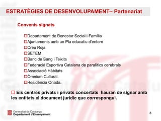 8
Convenis signats
Departament de Benestar Social i Família
Ajuntaments amb un Pla educatiu d’entorn
Creu Roja
SETEM
Banc de Sang i Teixits
Federació Esportiva Catalana de paralítics cerebrals
Associació Hàbitats
Òmnium Cultural.
Residència Onada.
ESTRATÈGIES DE DESENVOLUPAMENT– Partenariat
 Els centres privats i privats concertats hauran de signar amb
les entitats el document jurídic que correspongui.
 