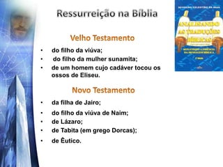 • do filho da viúva;
• do filho da mulher sunamita;
• de um homem cujo cadáver tocou os
ossos de Eliseu.
• da filha de Jairo;
• do filho da viúva de Naim;
• de Lázaro;
• de Tabita (em grego Dorcas);
• de Êutico.
 