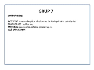 COMPONENTS:
ACTIVITAT: Haureu d’explicar als alumnes de 1r de primària què són les
EGAGRÒPILES i qui les fan.
MATERIAL: egagròpiles, safates, pinses i lupes.
QUÈ EXPLICAREU:
GRUP 7
 