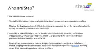 Who are Step?
• Placements are our business!
• Step is the UK's leading organiser of paid student work placements and graduate internships.
• Meeting the development needs of both business and graduates, we set the national standard for
quality and value in placements and internships.
• Launched in 1986 originally as part of Shell UK’s social investment activities, and now run
independently, we have supported over 22,000 Step placements for students and recent
graduates in businesses right across the UK.
• Ranging from engineering and communications to the creative industries and global sports
brands, the programme is delivered by a dedicated network of experienced partners including
universities, business support and training providers.

 