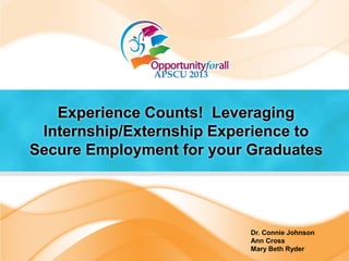 Experience Counts! Leveraging
Internship/Externship Experience to
Secure Employment for your Graduates
Dr. Connie Johnson
Ann Cross
Mary Beth Ryder
 