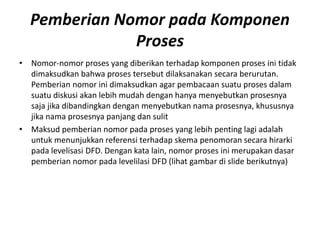 Pemberian Nomor pada Komponen
Proses
• Nomor-nomor proses yang diberikan terhadap komponen proses ini tidak
dimaksudkan bahwa proses tersebut dilaksanakan secara berurutan.
Pemberian nomor ini dimaksudkan agar pembacaan suatu proses dalam
suatu diskusi akan lebih mudah dengan hanya menyebutkan prosesnya
saja jika dibandingkan dengan menyebutkan nama prosesnya, khususnya
jika nama prosesnya panjang dan sulit
• Maksud pemberian nomor pada proses yang lebih penting lagi adalah
untuk menunjukkan referensi terhadap skema penomoran secara hirarki
pada levelisasi DFD. Dengan kata lain, nomor proses ini merupakan dasar
pemberian nomor pada levelilasi DFD (lihat gambar di slide berikutnya)
 