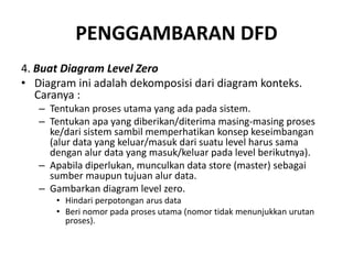 PENGGAMBARAN DFD
4. Buat Diagram Level Zero
• Diagram ini adalah dekomposisi dari diagram konteks.
Caranya :
– Tentukan proses utama yang ada pada sistem.
– Tentukan apa yang diberikan/diterima masing-masing proses
ke/dari sistem sambil memperhatikan konsep keseimbangan
(alur data yang keluar/masuk dari suatu level harus sama
dengan alur data yang masuk/keluar pada level berikutnya).
– Apabila diperlukan, munculkan data store (master) sebagai
sumber maupun tujuan alur data.
– Gambarkan diagram level zero.
• Hindari perpotongan arus data
• Beri nomor pada proses utama (nomor tidak menunjukkan urutan
proses).
 