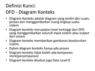 Definisi Kunci:
DFD - Diagram Konteks
• Diagram Konteks adalah diagram yang terdiri dari suatu
proses dan menggambarkan ruang lingkup suatu
sistem.
• Diagram konteks merupakan level tertinggi dari DFD
yang menggambarkan seluruh input sistem atau output
dari sistem
• Diagram konteks memberikan gambaran keseluruhan
sistem.
• Dalam diagram konteks hanya ada proses
• Diagram konteks tidak boleh ada komponen
store(penyimpanan)
• Diagram konteks disebut juga Data Level 0
 