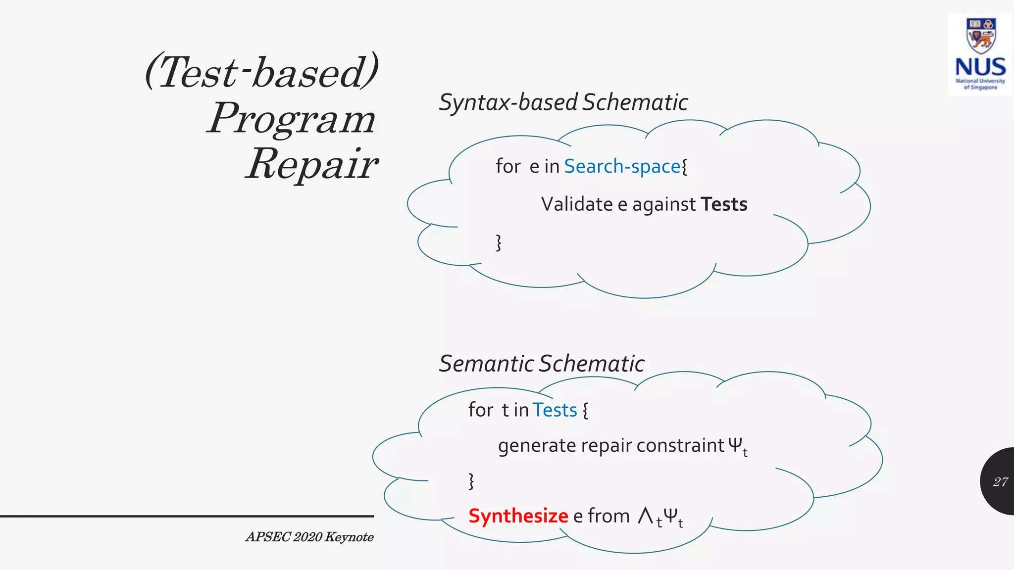 (Test-based)
Program
Repair
Syntax-based Schematic
Semantic Schematic
for t inTests {
generate repair constraintΨt
}
Synthesize e from ∧tΨt
APSEC 2020 Keynote
for e in Search-space{
Validate e against Tests
}
27
 