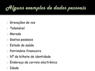 Alguns exemplos de dados pessoaisGravações de voz