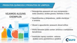 PRODUTOS QUÍMICOS E PRODUTOS DE LIMPEZA
 Detergentes possuem em sua composição :
soda cáustica, ácidos graxos, fosfatos e cloro
 Desinfetantes e limpadores : ácido clorídrico
e amônia
 Álcool e aguardente: possuem álcool etílico
 Pinho Silvestre pode conter: amônia e compostos
benzênicos
 Inseticida (spray) contém : esteres
ácidos como permetrina e piridina
VEJAMOS ALGUNS
EXEMPLOS
 