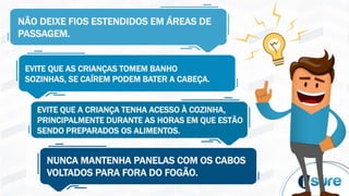 NÃO DEIXE FIOS ESTENDIDOS EM ÁREAS DE
PASSAGEM.
EVITE QUE AS CRIANÇAS TOMEM BANHO
SOZINHAS, SE CAÍREM PODEM BATER A CABEÇA.
EVITE QUE A CRIANÇA TENHA ACESSO À COZINHA,
PRINCIPALMENTE DURANTE AS HORAS EM QUE ESTÃO
SENDO PREPARADOS OS ALIMENTOS.
NUNCA MANTENHA PANELAS COM OS CABOS
VOLTADOS PARA FORA DO FOGÃO.
 