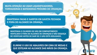 MUITA ATENÇÃO AO USAR LIQUIDIFICADORES,
TORRADEIRAS E BATEDEIRAS PRÓXIMO DE CRIANÇAS.
MANTENHA FACAS E GARFOS EM GAVETA FECHADA
E FORA DO ALCANCE DA CRIANÇA.
MANTENHA O CILINDRO DE GÁS EM COMPARTIMENTO
VENTILADO E FORA DO ALCANCE DE CRIANÇAS E NÃO ESQUEÇA
DE VERIFICAR ANTES DE SAIR SE O GÁS ESTÁ DESLIGADO.
ELIMINE O USO DE ABAJURES EM CIMA DE MESAS E
QUE ESTEJAM AO ALCANCE DAS MÃOS DA CRIANÇA.
 