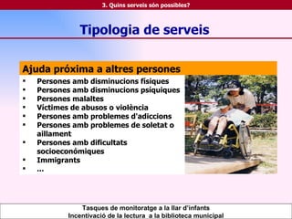Ajuda próxima a altres persones Persones amb disminucions físiques Persones amb disminucions psíquiques Persones malaltes Víctimes de abusos o violència Persones amb problemes d'adiccions Persones amb problemes de soletat o aillament Persones amb dificultats socioeconómiques Immigrants ... Tipologia de serveis Tasques de monitoratge a la llar d’infants Incentivació de la lectura  a la biblioteca municipal 3. Quins serveis són possibles? 