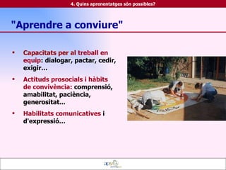 Capacitats per al   treball en equip : dialogar, pactar, cedir, exigir… Actituds prosocials i hàbits de convivència:  comprensió, amabilitat, paciència, generositat... Habilitats comunicatives  i d'expressió… 4. Quins aprenentatges són possibles? "Aprendre a conviure" 