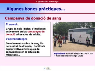 Campanya de donació de sang 5. Què hi ha a Catalunya? Experiència:   Banc de Sang + CEIPS + IES + Associacions de Temps Lliure El servei: Grups de nois i noies, s'impliquen activament en las  campanyes de donació  adreçades als adults. L'aprenentatge:   Coneixements sobre la sang i la necessitat de donació;  habilitats organitzatives; tècniques de comunicació en la difusió de missatges... Algunes bones pràctiques... 