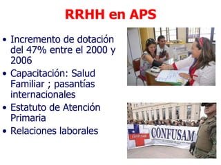 RRHH en APS
• Incremento de dotación
  del 47% entre el 2000 y
  2006
• Capacitación: Salud
  Familiar ; pasantías
  internacionales
• Estatuto de Atención
  Primaria
• Relaciones laborales
 