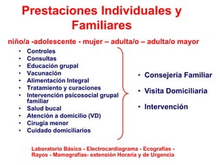 Prestaciones Individuales y
               Familiares
niño/a -adolescente - mujer – adulta/o – adulta/o mayor
   •   Controles
   •   Consultas
   •   Educación grupal
   •   Vacunación                               • Consejería Familiar
   •   Alimentación Integral
   •   Tratamiento y curaciones
                                                • Visita Domiciliaria
   •   Intervención psicosocial grupal
       familiar
   •   Salud bucal                              • Intervención
   •   Atención a domicilio (VD)
   •   Cirugía menor
   •   Cuidado domiciliarios

        Laboratorio Básico - Electrocardiograma - Ecografías -
        Rayos - Mamografías- extensión Horaria y de Urgencia
 