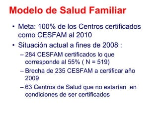 Modelo de Salud Familiar
• Meta: 100% de los Centros certificados
  como CESFAM al 2010
• Situación actual a fines de 2008 :
  – 284 CESFAM certificados lo que
    corresponde al 55% ( N = 519)
  – Brecha de 235 CESFAM a certificar año
    2009
  – 63 Centros de Salud que no estarían en
    condiciones de ser certificados
 
