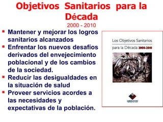 Objetivos Sanitarios para la
                Década
                      2000 - 2010
 Mantener y mejorar los logros
    sanitarios alcanzados
   Enfrentar los nuevos desafíos
    derivados del envejecimiento
    poblacional y de los cambios
    de la sociedad.
   Reducir las desigualdades en
    la situación de salud
   Proveer servicios acordes a
    las necesidades y
    expectativas de la población.
 