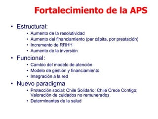 Fortalecimiento de la APS
• Estructural:
     •   Aumento de la resolutividad
     •   Aumento del financiamiento (per cápita, por prestación)
     •   Incremento de RRHH
     •   Aumento de la inversión
• Funcional:
     • Cambio del modelo de atención
     • Modelo de gestión y financiamiento
     • Integración a la red
• Nuevo paradigma
     • Protección social: Chile Solidario; Chile Crece Contigo;
       Valoración de cuidados no remunerados
     • Determinantes de la salud
 