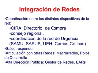 Integración de Redes
•Coordinación entre los distintos dispositivos de la
red:
   •CIRA, Directorio de Compra
   •consejo regional,
   •coordinación de la red de Urgencia
   (SAMU, SAPUS, UEH, Camas Críticas)
•Salud responde
•Articulación con otras Redes: Macrorredes, Polos
de Desarrollo
•Alta Dirección Pública: Gestor de Redes, EARs
 