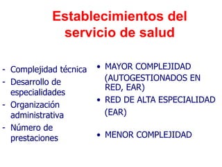 Establecimientos del
             servicio de salud

- Complejidad técnica   • MAYOR COMPLEJIDAD
- Desarrollo de           (AUTOGESTIONADOS EN
                          RED, EAR)
  especialidades
                        • RED DE ALTA ESPECIALIDAD
- Organización
  administrativa          (EAR)
- Número de
  prestaciones          • MENOR COMPLEJIDAD
 