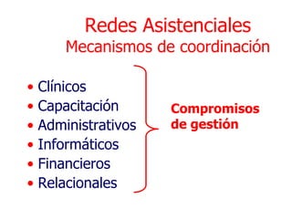 Redes Asistenciales
      Mecanismos de coordinación

• Clínicos
• Capacitación      Compromisos
• Administrativos   de gestión
• Informáticos
• Financieros
• Relacionales
 