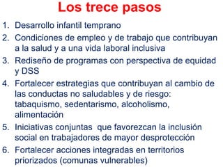 Los trece pasos
1. Desarrollo infantil temprano
2. Condiciones de empleo y de trabajo que contribuyan
   a la salud y a una vida laboral inclusiva
3. Rediseño de programas con perspectiva de equidad
   y DSS
4. Fortalecer estrategias que contribuyan al cambio de
   las conductas no saludables y de riesgo:
   tabaquismo, sedentarismo, alcoholismo,
   alimentación
5. Iniciativas conjuntas que favorezcan la inclusión
   social en trabajadores de mayor desprotección
6. Fortalecer acciones integradas en territorios
   priorizados (comunas vulnerables)
 