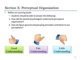 Section X: Perceptual Organization
•

Reflect on Learning Goals:
– Students should be able to answer the following:
1. How...