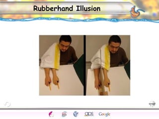 CNS Ignoring Light The Eye Seeing 
Taste/Smell 
Sound The Ear 
Touch/Pain Movement Perception Gestalt Depth cues 
Illusions 
Rubberhand Illusion 
 