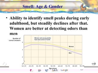 CNS Ignoring Light The Eye Seeing 
Taste/Smell 
Sound The Ear 
Touch/Pain Movement Perception Gestalt Depth cues 
Illusions 
Smell: Age & Gender 
• Ability to identify smell peaks during early 
adulthood, but steadily declines after that. 
Women are better at detecting odors than 
men 
125 
 
