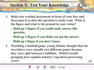 CNS Ignoring Light The Eye Seeing 
Taste/Smell 
Sound The Ear 
Touch/Pain Movement Perception Gestalt Depth cues 
Illusions 
Section X: Test Your Knowledge 
1. Hold your writing instrument in front of your face and 
focus past it so that this question is easily read. What is 
the figure and what is the ground in your vision? 
– Hold up 3 fingers if you could easily answer this 
question. 
– Hold up 2 fingers if you think you got the answer. 
– Hold up 1 finger if you don’t know. 
1. Watching a football game, young Johnny thought that the 
two halves were actually two different games because 
they were split between a halftime. Which Gestalt 
grouping best explains Johnny’s top-down processing 
error? 
 