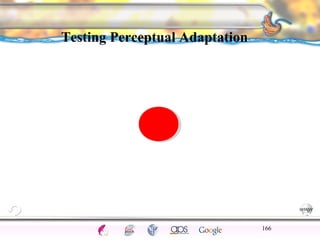 CNS Ignoring Light The Eye Seeing 
Taste/Smell 
Sound The Ear 
Touch/Pain Movement Perception Gestalt Depth cues 
Illusions 
Testing Perceptual Adaptation 
166 
 