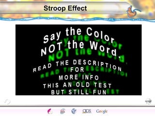CNS Ignoring Light The Eye Seeing 
Taste/Smell 
Sound The Ear 
Touch/Pain Movement Perception Gestalt Depth cues 
Illusions 
Stroop Effect 
 