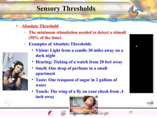 CNS Ignoring Light The Eye Seeing 
Taste/Smell 
Sound The Ear 
Touch/Pain Movement Perception Gestalt Depth cues 
Illusions 
Sensory Thresholds 
• Absolute Threshold 
– The minimum stimulation needed to detect a stimuli 
(50% of the time) 
– Examples of Absolute Thresholds 
• Vision: Light from a candle 30 miles away on a 
dark night 
• Hearing: Ticking of a watch from 20 feet away 
• Smell: One drop of perfume in a small 
apartment 
• Taste: One teaspoon of sugar in 2 gallons of 
water 
• Touch: The wing of a fly on your cheek from .4 
inch away 
27 
 