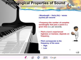 CNS Ignoring Light The Eye Seeing 
Taste/Smell 
Sound The Ear 
Touch/Pain Movement Perception Gestalt Depth cues 
Illusions 
Psychological Properties of Sound 
 