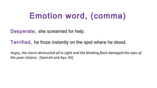 Emotion word, (comma)
Desperate, she screamed for help.
Terrified, he froze instantly on the spot where he stood.
Angry, the storm destructed all in sight and the blinding flash damaged the eyes of
the poor citizens. [Samrah and Aya 6S]

 