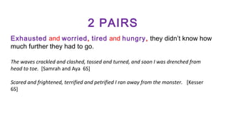 2 PAIRS
Exhausted and worried, tired and hungry, they didn’t know how
much further they had to go.
The waves crackled and clashed, tossed and turned, and soon I was drenched from
head to toe. [Samrah and Aya 6S]
Scared and frightened, terrified and petrified I ran away from the monster. [Kesser
6S]

 