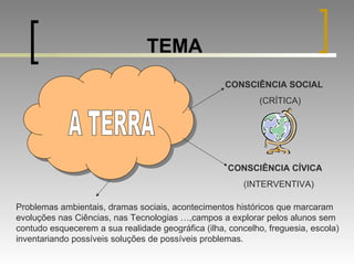 TEMA CONSCIÊNCIA SOCIAL (CRÍTICA) CONSCIÊNCIA CÍVICA (INTERVENTIVA) Problemas ambientais, dramas sociais, acontecimentos históricos que marcaram evoluções nas Ciências, nas Tecnologias …,campos a explorar pelos alunos sem contudo esquecerem a sua realidade geográfica (ilha, concelho, freguesia, escola) inventariando possíveis soluções de possíveis problemas. A TERRA 