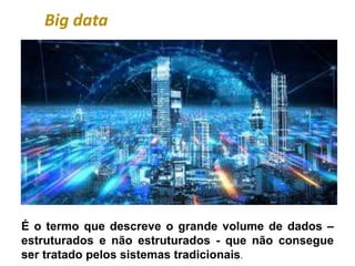 Big data
13:11
É o termo que descreve o grande volume de dados –
estruturados e não estruturados - que não consegue
ser tratado pelos sistemas tradicionais.
 