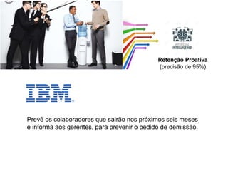 Prevê os colaboradores que sairão nos próximos seis meses
e informa aos gerentes, para prevenir o pedido de demissão.
Retenção Proativa
(precisão de 95%)
 