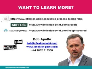 WANT TO LEARN MORE?
http://www.inflexion-point.com/arpedio
http://www.inflexion-point.com/insightsquared
Bob Apollo
bob@inflexion-point.com
www.inflexion-point.com
+44 7802 313300
http://www.inflexion-point.com/sales-process-design-form
 