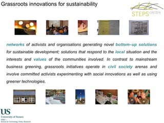 Grassroots innovations for sustainability networks  of activists and organisations generating novel  bottom–up solutions  for sustainable development; solutions that respond to the  local  situation and the interests and  values   of the communities involved. In contrast to mainstream business greening, grassroots initiatives operate in  civil society  arenas and involve committed activists experimenting with social innovations as well as using greener technologies . 
