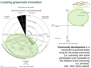Locating grassroots innovation Community development  is ‘a movement to promote better living for the whole community [ i.e. outcome ], with active participation and if possible on the initiative of the community [ i.e. process ]’  (UN, 1953;  italics added )  Source: John Pearce (2003) Source: Walker and Devine-Wright (2008) 