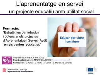 L'aprenentatge en servei
un projecte educatiu amb utilitat social
Formació:
“Estratègies per introduir
i potenciar els projectes
d’Aprenentatge i Servei (ApS)
en els centres educatius”

Grup 6xSis ICE-UB.(ICE-UB, 2012)
Coordinadora: JUANA MADURELL RAMIS <jmadurel@xtec.cat>
Formadores: C. Arnau ; C. Maña ; I. Colom ; B. Moran ; N. Lorenzo

 